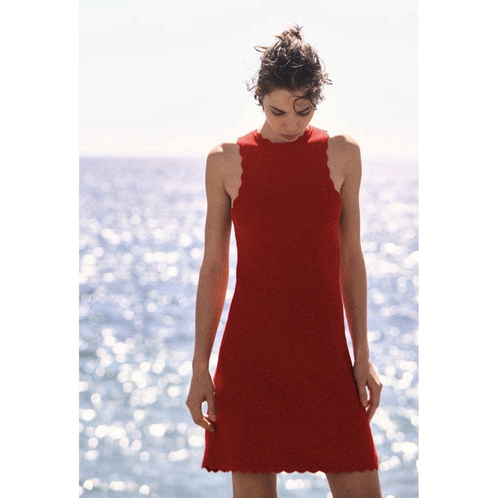 H&M‎ Scalloped Red Knit Mini A-Line Dress Size Small NEW Preppy Classic Summer